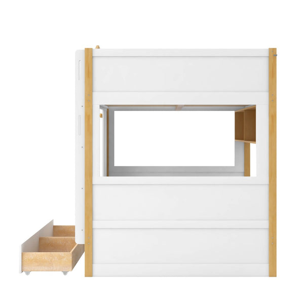 English Elm Full Over Bunk Bed with House Guardrails Built-in Shelves and Rolling Drawers N7500005040K