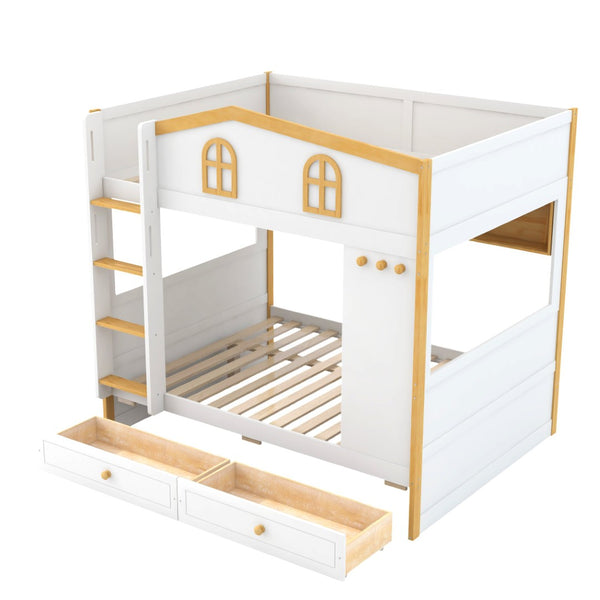 English Elm Full Over Bunk Bed with House Guardrails Built-in Shelves and Rolling Drawers N7500005040K
