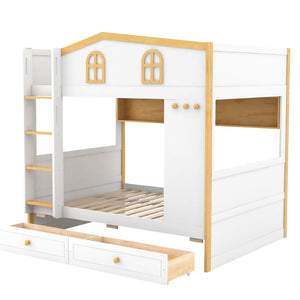 English Elm Full Over Bunk Bed with House Guardrails Built-in Shelves and Rolling Drawers N7500005040K