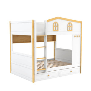 English Elm Full Over Bunk Bed with House Guardrails Built-in Shelves and Rolling Drawers N7500005040K