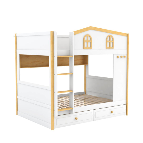 English Elm Full Over Bunk Bed with House Guardrails Built-in Shelves and Rolling Drawers N7500005040K