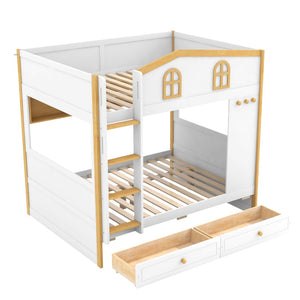 English Elm Full Over Bunk Bed with House Guardrails Built-in Shelves and Rolling Drawers N7500005040K