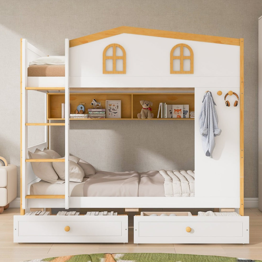 English Elm Full Over Bunk Bed with House Guardrails Built-in Shelves and Rolling Drawers N7500005040K