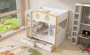 English Elm Full Over Bunk Bed with House Guardrails Built-in Shelves and Rolling Drawers N7500005040K