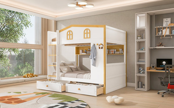 English Elm Full Over Bunk Bed with House Guardrails Built-in Shelves and Rolling Drawers N7500005040K