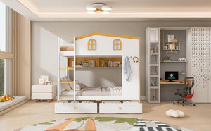 English Elm Full Over Bunk Bed with House Guardrails Built-in Shelves and Rolling Drawers N7500005040K