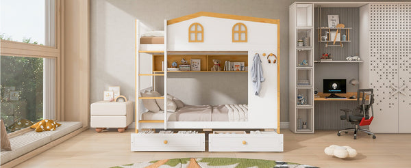 English Elm Full Over Bunk Bed with House Guardrails Built-in Shelves and Rolling Drawers N7500005040K