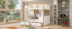 English Elm Full Over Bunk Bed with House Guardrails Built-in Shelves and Rolling Drawers N7500005040K