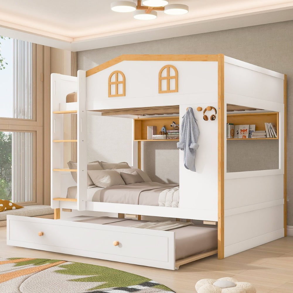 English Elm Full Over Bunk Bed with House Guardrails Storage Shelves Trundle Solid Wood N7500005041K