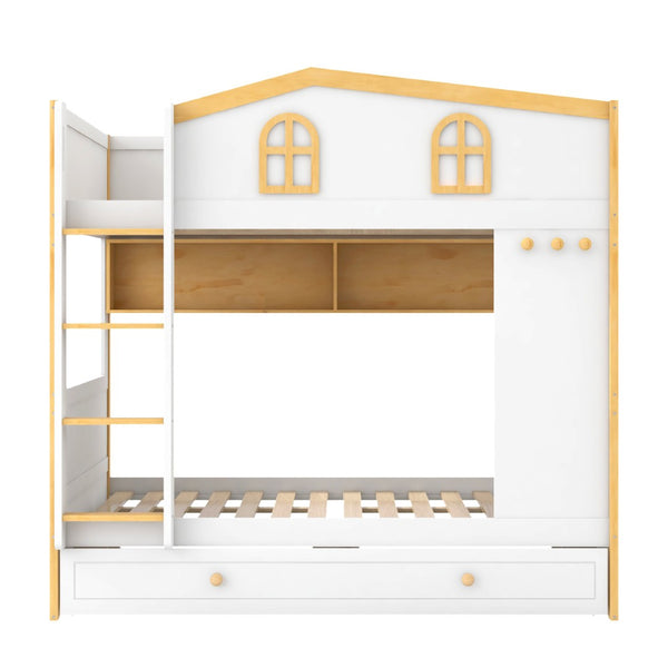 English Elm Full Over Bunk Bed with House Guardrails Storage Shelves Trundle Solid Wood N7500005041K