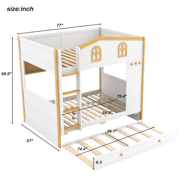 English Elm Full Over Bunk Bed with House Guardrails Storage Shelves Trundle Solid Wood N7500005041K