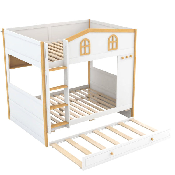 English Elm Full Over Bunk Bed with House Guardrails Storage Shelves Trundle Solid Wood N7500005041K