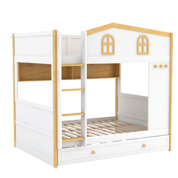 English Elm Full Over Bunk Bed with House Guardrails Storage Shelves Trundle Solid Wood N7500005041K