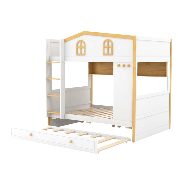 English Elm Full Over Bunk Bed with House Guardrails Storage Shelves Trundle Solid Wood N7500005041K