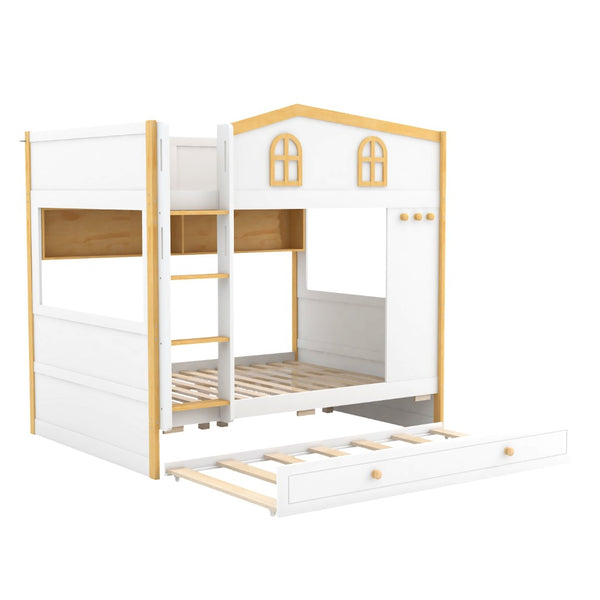 English Elm Full Over Bunk Bed with House Guardrails Storage Shelves Trundle Solid Wood N7500005041K