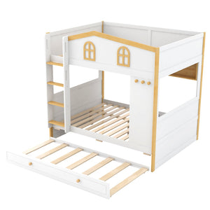 English Elm Full Over Bunk Bed with House Guardrails Storage Shelves Trundle Solid Wood N7500005041K