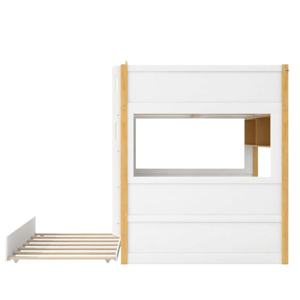 English Elm Full Over Bunk Bed with House Guardrails Storage Shelves Trundle Solid Wood N7500005041K