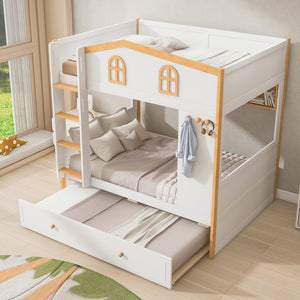 English Elm Full Over Bunk Bed with House Guardrails Storage Shelves Trundle Solid Wood N7500005041K