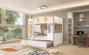 English Elm Full Over Bunk Bed with House Guardrails Storage Shelves Trundle Solid Wood N7500005041K
