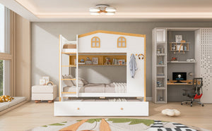 English Elm Full Over Bunk Bed with House Guardrails Storage Shelves Trundle Solid Wood N7500005041K