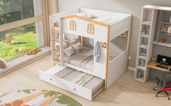 English Elm Full Over Bunk Bed with House Guardrails Storage Shelves Trundle Solid Wood N7500005041K
