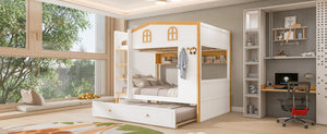 English Elm Full Over Bunk Bed with House Guardrails Storage Shelves Trundle Solid Wood N7500005041K