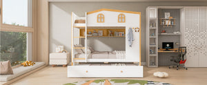 English Elm Full Over Bunk Bed with House Guardrails Storage Shelves Trundle Solid Wood N7500005041K