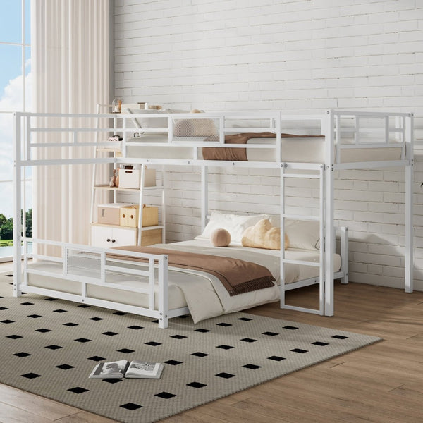 English Elm L-shaped Metal Twin Over Full Bunk Bed White Steel Frame Kids Guest Room Saver N750P196510K