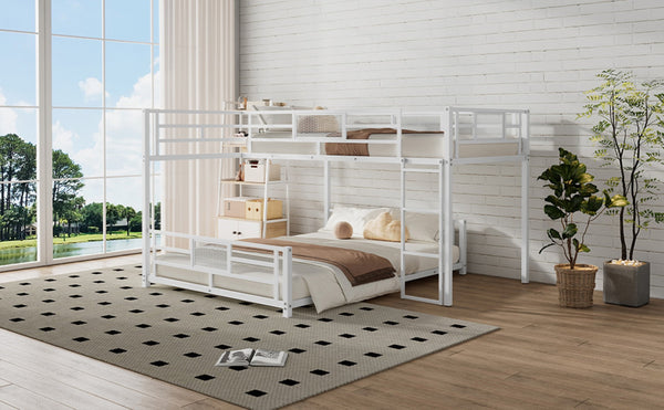 English Elm L-shaped Metal Twin Over Full Bunk Bed White Steel Frame Kids Guest Room Saver N750P196510K