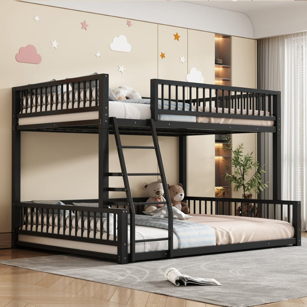 English Elm Full XL Over Queen Metal Bunk Bed Low Profile Steel Frame with Guard Rail and Ladder Black N750P277757B