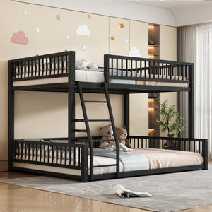 English Elm Full XL Over Queen Metal Bunk Bed Low Profile Steel Frame with Guard Rail and Ladder Black N750P277757B