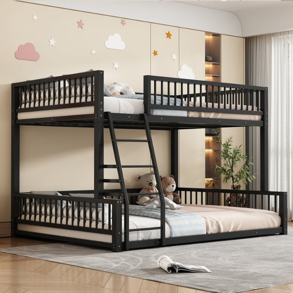 English Elm Full XL Over Queen Metal Bunk Bed Low Profile Steel Frame with Guard Rail and Ladder Black N750P277757B