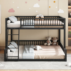 English Elm Full XL Over Queen Metal Bunk Bed Low Profile Steel Frame with Guard Rail and Ladder Black N750P277757B