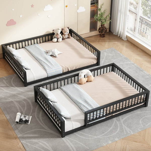 English Elm Full XL Over Queen Metal Bunk Bed Low Profile Steel Frame with Guard Rail and Ladder Black N750P277757B