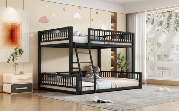 English Elm Full XL Over Queen Metal Bunk Bed Low Profile Steel Frame with Guard Rail and Ladder Black N750P277757B