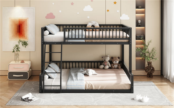 English Elm Full XL Over Queen Metal Bunk Bed Low Profile Steel Frame with Guard Rail and Ladder Black N750P277757B