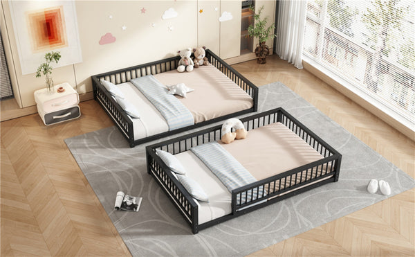 English Elm Full XL Over Queen Metal Bunk Bed Low Profile Steel Frame with Guard Rail and Ladder Black N750P277757B