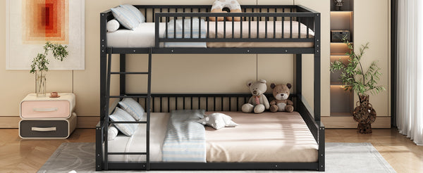 English Elm Full XL Over Queen Metal Bunk Bed Low Profile Steel Frame with Guard Rail and Ladder Black N750P277757B