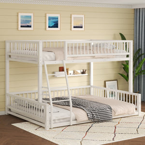 English Elm Full XL Over Queen Metal Bunk Bed Low Profile Steel Frame with Guard Rail and Ladder White N750P277757K