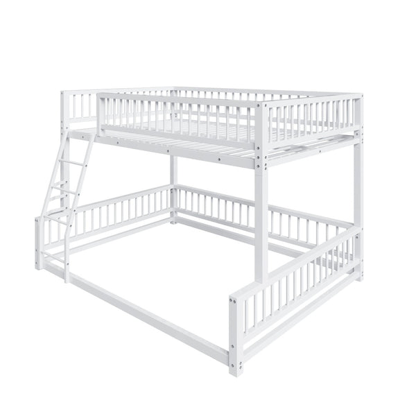 English Elm Full XL Over Queen Metal Bunk Bed Low Profile Steel Frame with Guard Rail and Ladder White N750P277757K