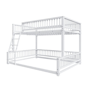 English Elm Full XL Over Queen Metal Bunk Bed Low Profile Steel Frame with Guard Rail and Ladder White N750P277757K