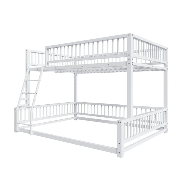 English Elm Full XL Over Queen Metal Bunk Bed Low Profile Steel Frame with Guard Rail and Ladder White N750P277757K