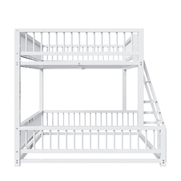English Elm Full XL Over Queen Metal Bunk Bed Low Profile Steel Frame with Guard Rail and Ladder White N750P277757K