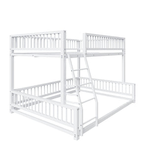 English Elm Full XL Over Queen Metal Bunk Bed Low Profile Steel Frame with Guard Rail and Ladder White N750P277757K