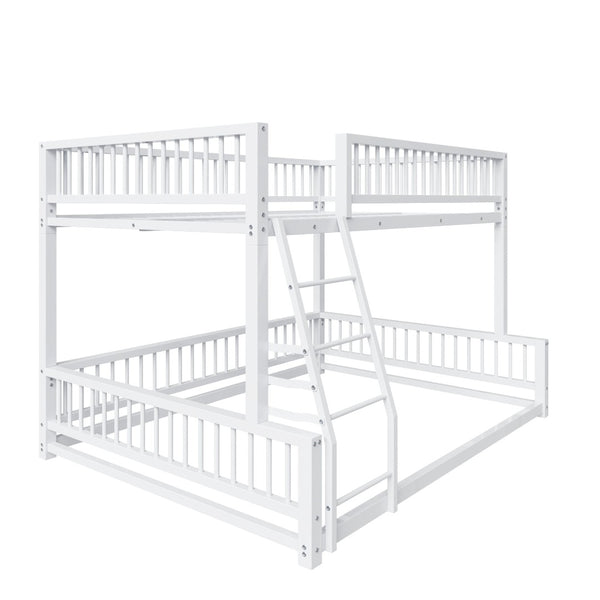 English Elm Full XL Over Queen Metal Bunk Bed Low Profile Steel Frame with Guard Rail and Ladder White N750P277757K