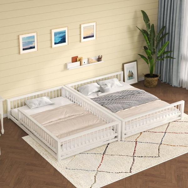 English Elm Full XL Over Queen Metal Bunk Bed Low Profile Steel Frame with Guard Rail and Ladder White N750P277757K