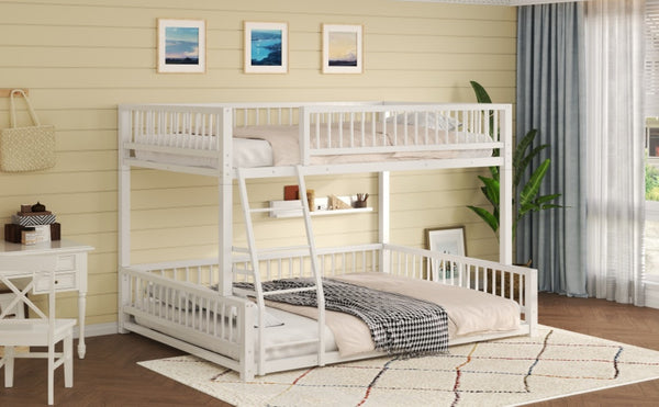 English Elm Full XL Over Queen Metal Bunk Bed Low Profile Steel Frame with Guard Rail and Ladder White N750P277757K