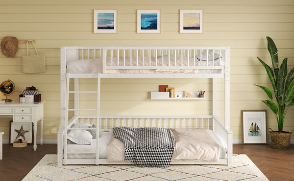 English Elm Full XL Over Queen Metal Bunk Bed Low Profile Steel Frame with Guard Rail and Ladder White N750P277757K