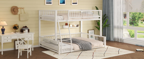 English Elm Full XL Over Queen Metal Bunk Bed Low Profile Steel Frame with Guard Rail and Ladder White N750P277757K