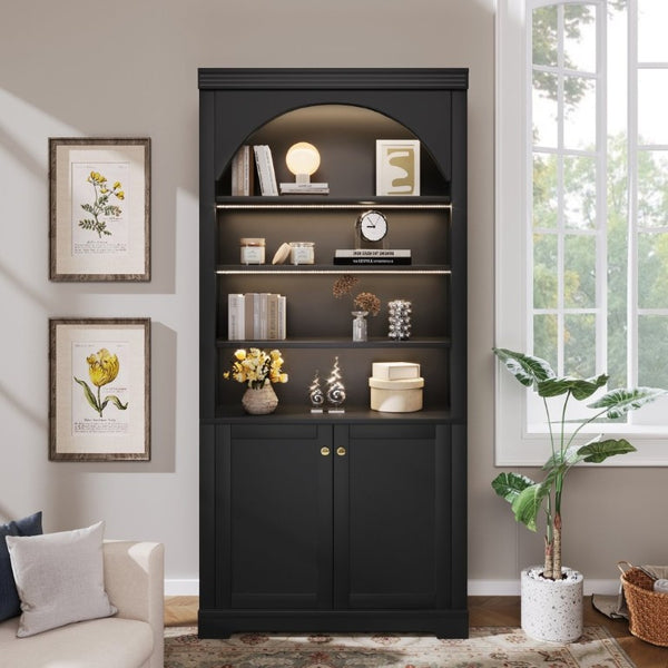 English Elm Tall Arched LED Bookcase with Adjustable Open Shelves and Lower Cabinet for Home Office Black N751P455898B